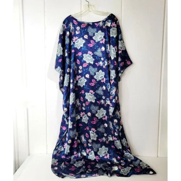 California Dynasty Blue Satin Floral Caftan Loungewear - Picture 3 of 5